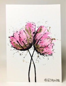 Pink and Gold Poppies - Hand Painted Greeting Card