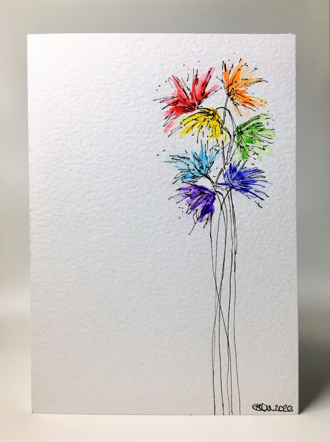 Original Hand Painted Greeting Card - Abstract Rainbow Spiky Flower #2 - eDgE dEsiGn London
