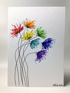 Original Hand Painted Greeting Card - Abstract Rainbow Spiky Flower #3 - eDgE dEsiGn London