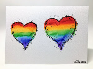Original Hand Painted Greeting Card - Abstract Rainbow Hearts - eDgE dEsiGn London