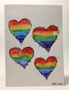 Original Hand Painted Greeting Card - Abstract Rainbow 4 Hearts Design - eDgE dEsiGn London
