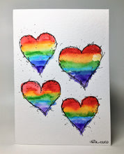 Original Hand Painted Greeting Card - Abstract Rainbow 4 Hearts Design - eDgE dEsiGn London
