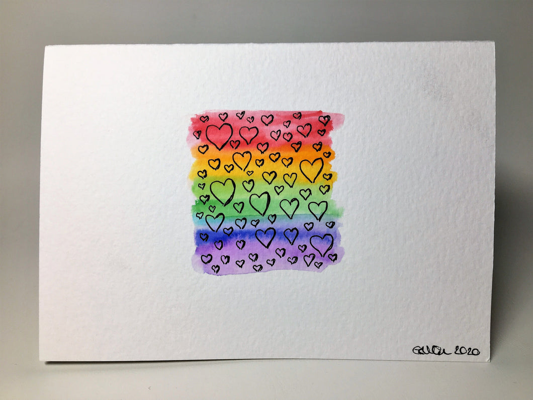 Original Hand Painted Greeting Card - Abstract Rainbow Small Square Black Hearts - eDgE dEsiGn London