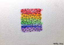 Original Hand Painted Greeting Card - Abstract Rainbow Small Square Black Hearts - eDgE dEsiGn London