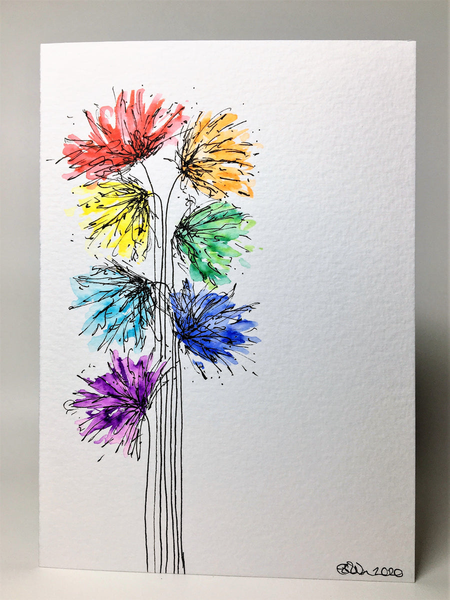 Original Hand Painted Greeting Card - Abstract Rainbow Spiky Flower #4 ...