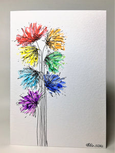 Original Hand Painted Greeting Card - Abstract Rainbow Spiky Flower #4 - eDgE dEsiGn London