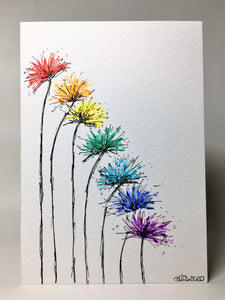 Original Hand Painted Greeting Card - Abstract Rainbow Spiky Flower #5 - eDgE dEsiGn London