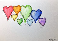 Original Hand Painted Greeting Card - Abstract 8 Rainbow Hearts Ink Detail - eDgE dEsiGn London