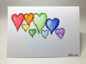Original Hand Painted Greeting Card - Abstract 8 Rainbow Hearts Ink Detail - eDgE dEsiGn London