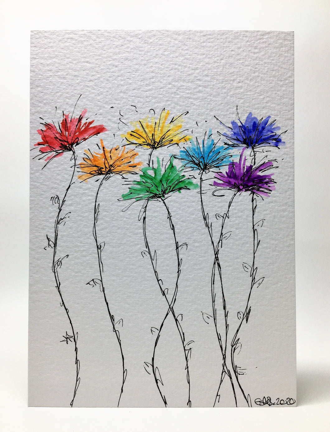 Original Hand Painted Greeting Card - Abstract Rainbow Spiky Flower Stem Design - eDgE dEsiGn London