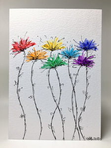Original Hand Painted Greeting Card - Abstract Rainbow Spiky Flower Stem Design - eDgE dEsiGn London