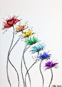 Original Hand Painted Greeting Card - Abstract Rainbow Spiky Flower Stem Design #2 - eDgE dEsiGn London