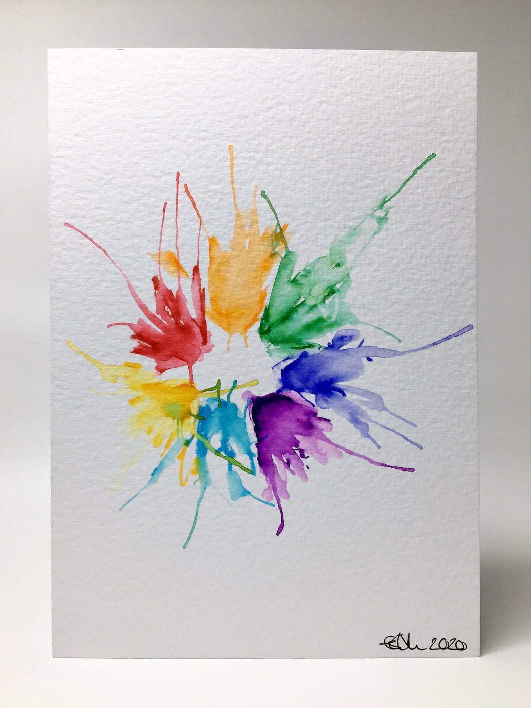 Original Hand Painted Greeting Card - Abstract Rainbow Spiky Splatter Flower Design - eDgE dEsiGn London