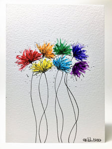 Original Hand Painted Greeting Card - Abstract Rainbow Spiky Flower #8 - eDgE dEsiGn London