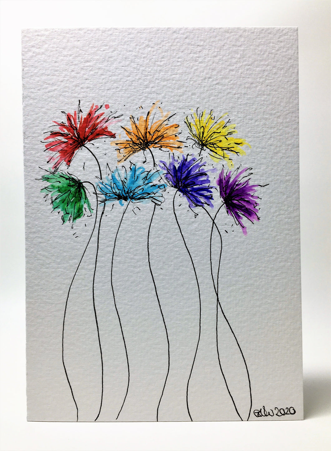 Original Hand Painted Greeting Card - Abstract Rainbow Spiky Flower #9 - eDgE dEsiGn London