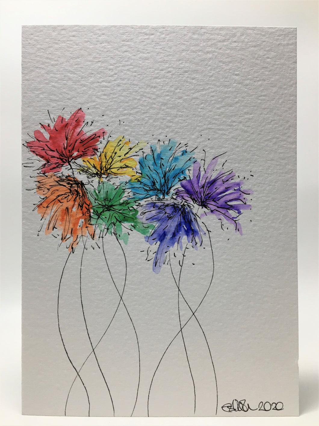 Original Hand Painted Greeting Card - Abstract Rainbow Spiky Flower #11 - eDgE dEsiGn London