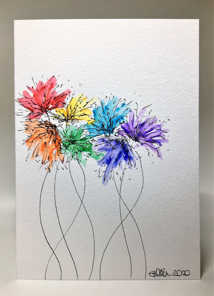 Original Hand Painted Greeting Card - Abstract Rainbow Spiky Flower #11 ...