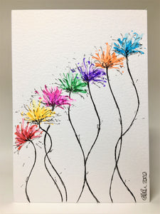 Original Hand Painted Greeting Card - Abstract Rainbow Spiky Flower #12 - eDgE dEsiGn London