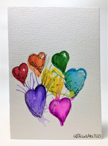 Original Hand Painted Greeting Card - Abstract Splatter Rainbow Hearts - eDgE dEsiGn London