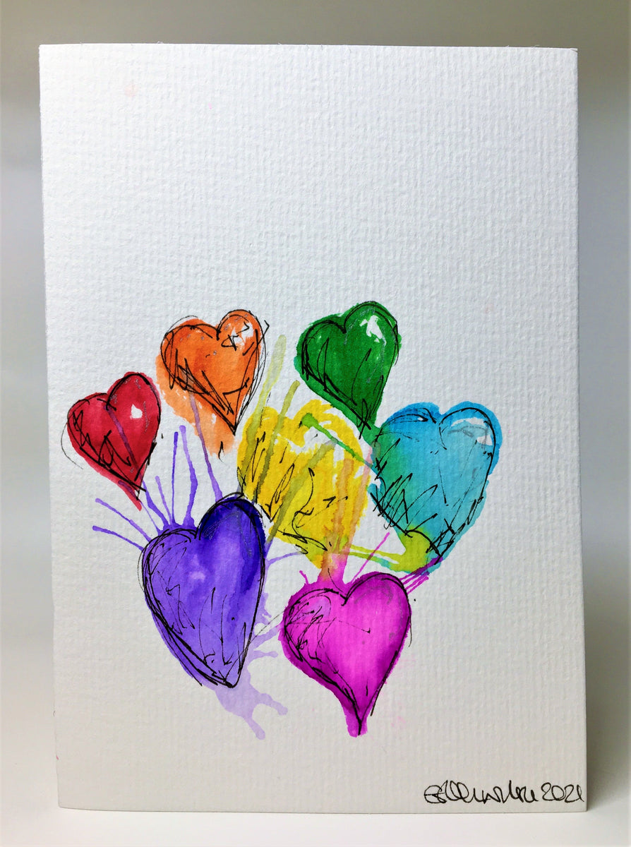 Original Hand Painted Greeting Card - Abstract Splatter Rainbow Hearts ...