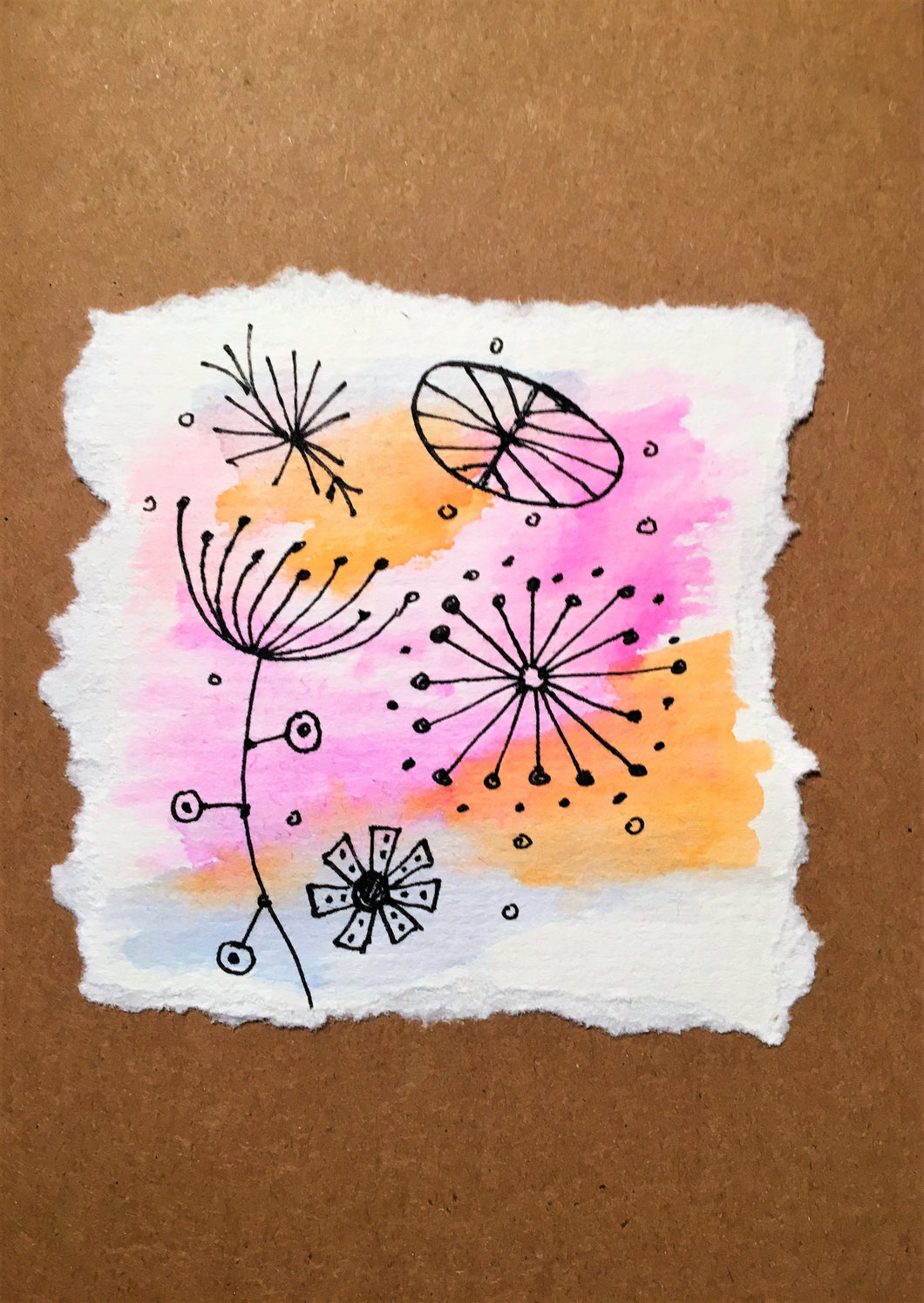 Hand painted greeting card - Abstract Ink Design on Pink/Orange/Blue Waterclour - eDgE dEsiGn London