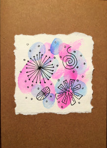 Hand painted greeting card - Abstract Ink Design on Pink/Lilac/Blue Waterclour - eDgE dEsiGn London