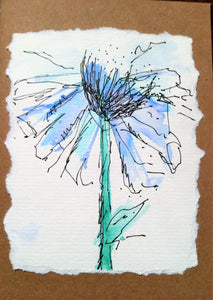 Handpainted Watercolour Greeting Card - Large Blue Abstract Flower Design - eDgE dEsiGn London