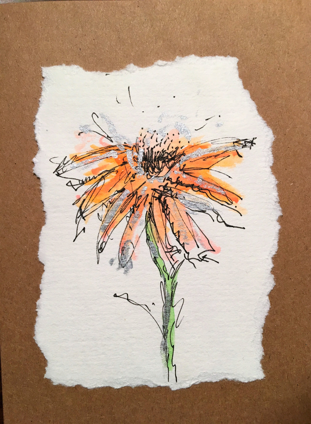 Handpainted Watercolour Greeting Card - Orange Abstract Flower with Silver Design - eDgE dEsiGn London
