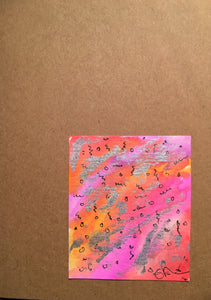 Handpainted Watercolour Greeting Card - Abstract Ink Design with Silver on Pink/Orange/Red - eDgE dEsiGn London