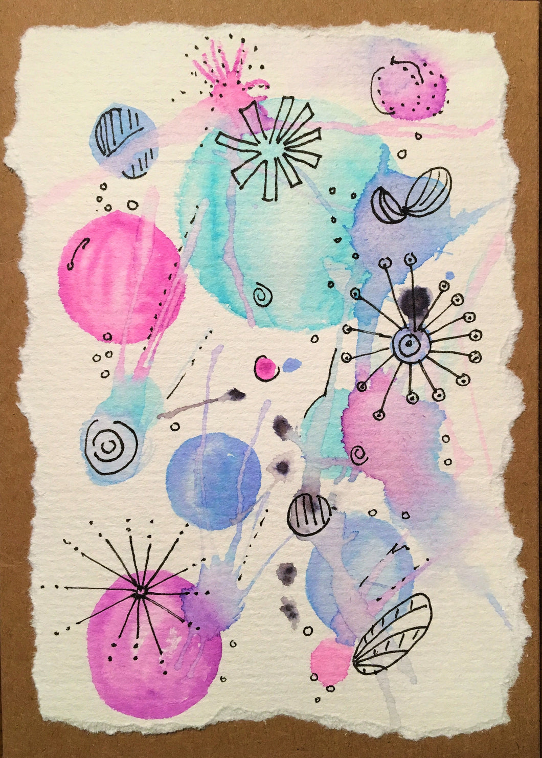 Handpainted Watercolour Greeting Card - Abstract Ink Design Pink/Purple/Turquoise Splatter - eDgE dEsiGn London