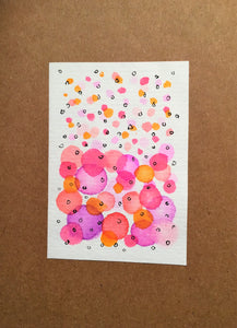 Handpainted Watercolour Greeting Card - Abstract Bubbles Pink/Purple/Orange with Ink Circle Design - eDgE dEsiGn London
