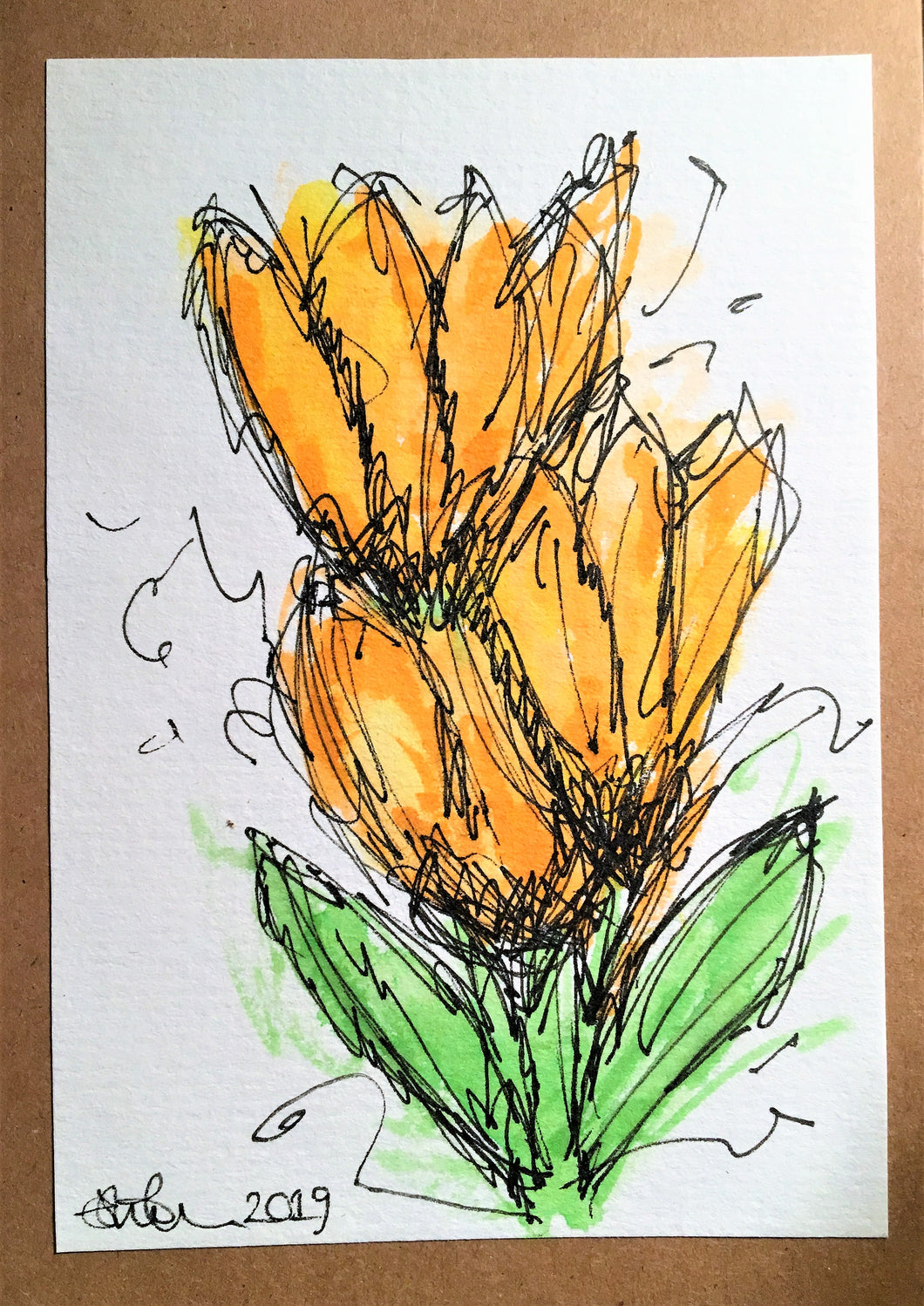 Handpainted Watercolour Greeting Card - Yellow/Orange Abstract Flowers - eDgE dEsiGn London