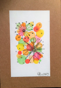 Handpainted Watercolour Greeting Card - Abstract Ink Star/Circle Design - Orange/Yellow/Green/Red - eDgE dEsiGn London