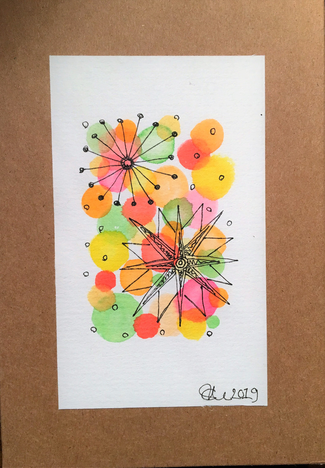 Handpainted Watercolour Greeting Card - Abstract Ink Star/Circle Design - Orange/Yellow/Green/Red - eDgE dEsiGn London