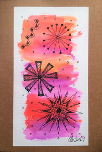 Handpainted Watercolour Greeting Card - Abstract Ink Star/Circle Design - Purple/Orange/Red - eDgE dEsiGn London