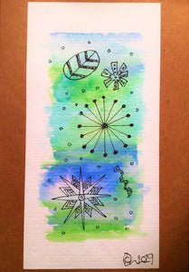Handpainted Watercolour Greeting Card - Abstract Ink Star/Circle Design - Blue/Green - eDgE dEsiGn London