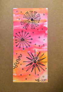 Handpainted Watercolour Greeting Card - Abstract Ink Star/Circle Design - Pink/Orange/Red - eDgE dEsiGn London