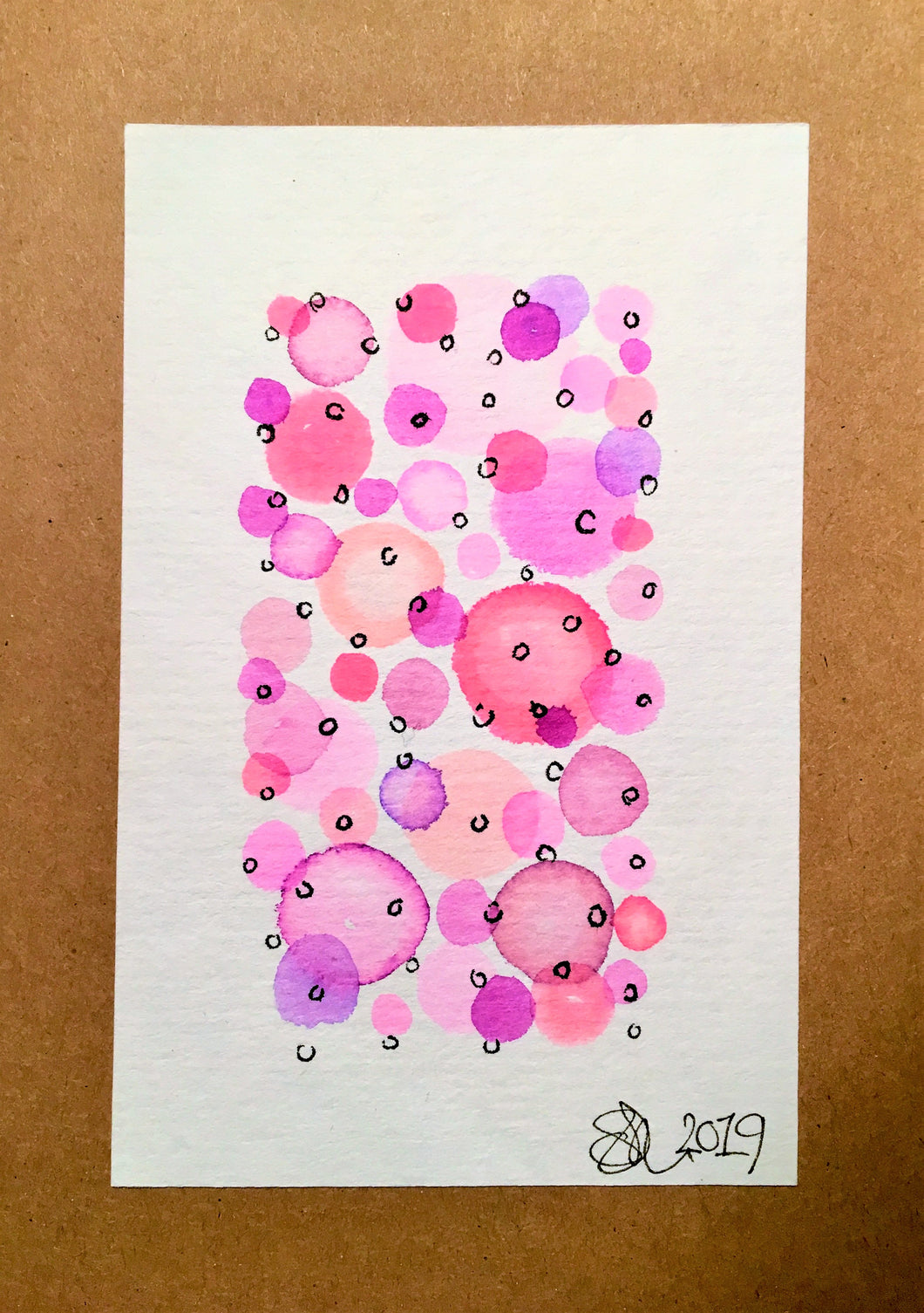 Handpainted Watercolour Greeting Card - Abstract Bubbles Pink/Purple/Lilac with Ink Circle Design - eDgE dEsiGn London