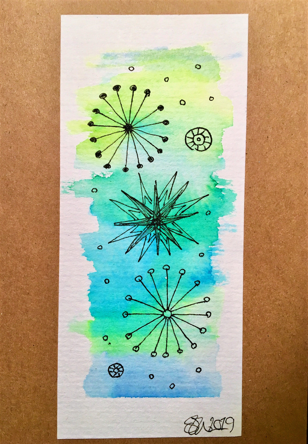 Handpainted Watercolour Greeting Card - Abstract Ink Star/Circle Design - Turquiose/Blue/Green - eDgE dEsiGn London