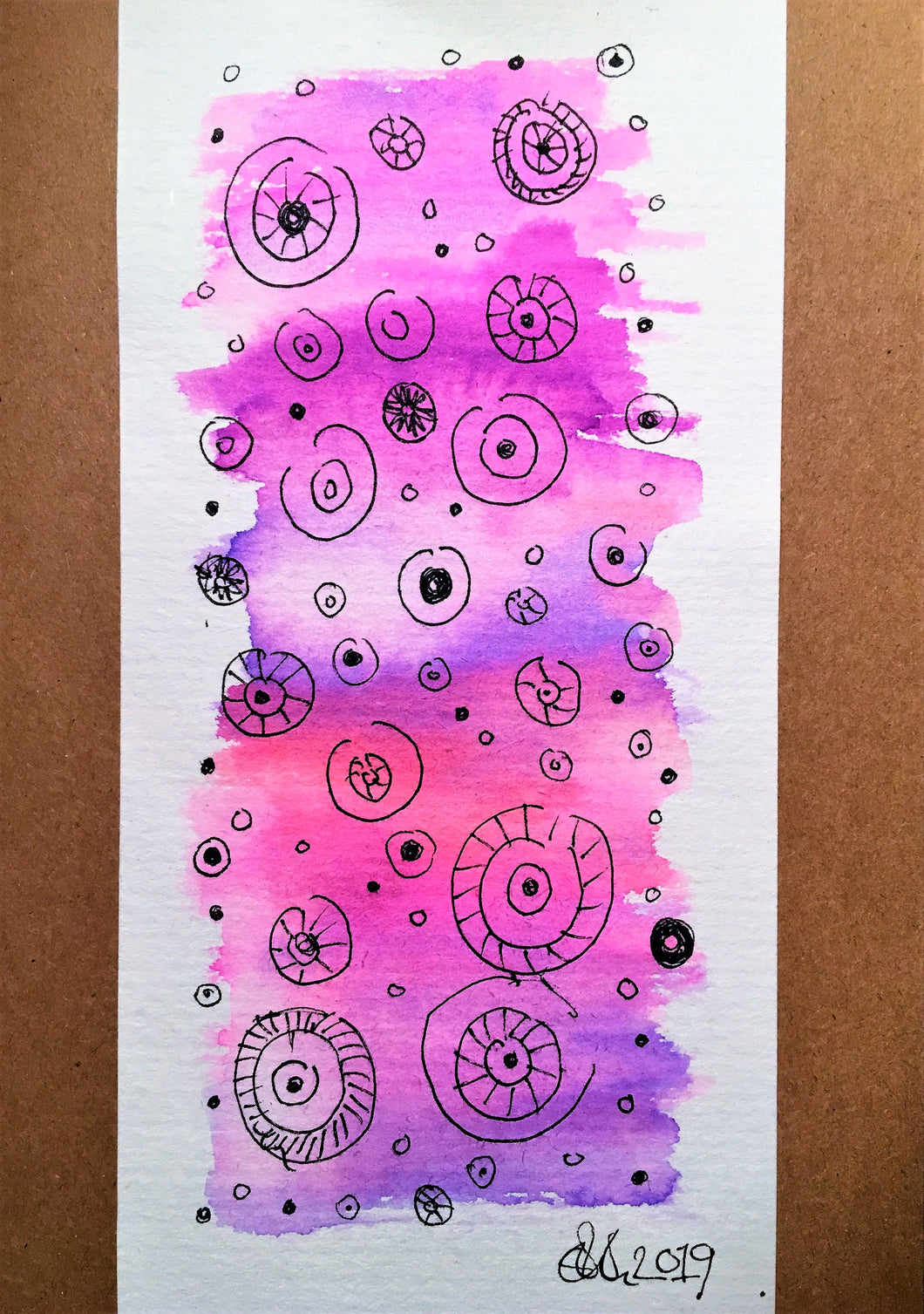 Handpainted Watercolour Greeting Card - Abstract Pink/Purple/Lilac with Ink Circle Design - eDgE dEsiGn London