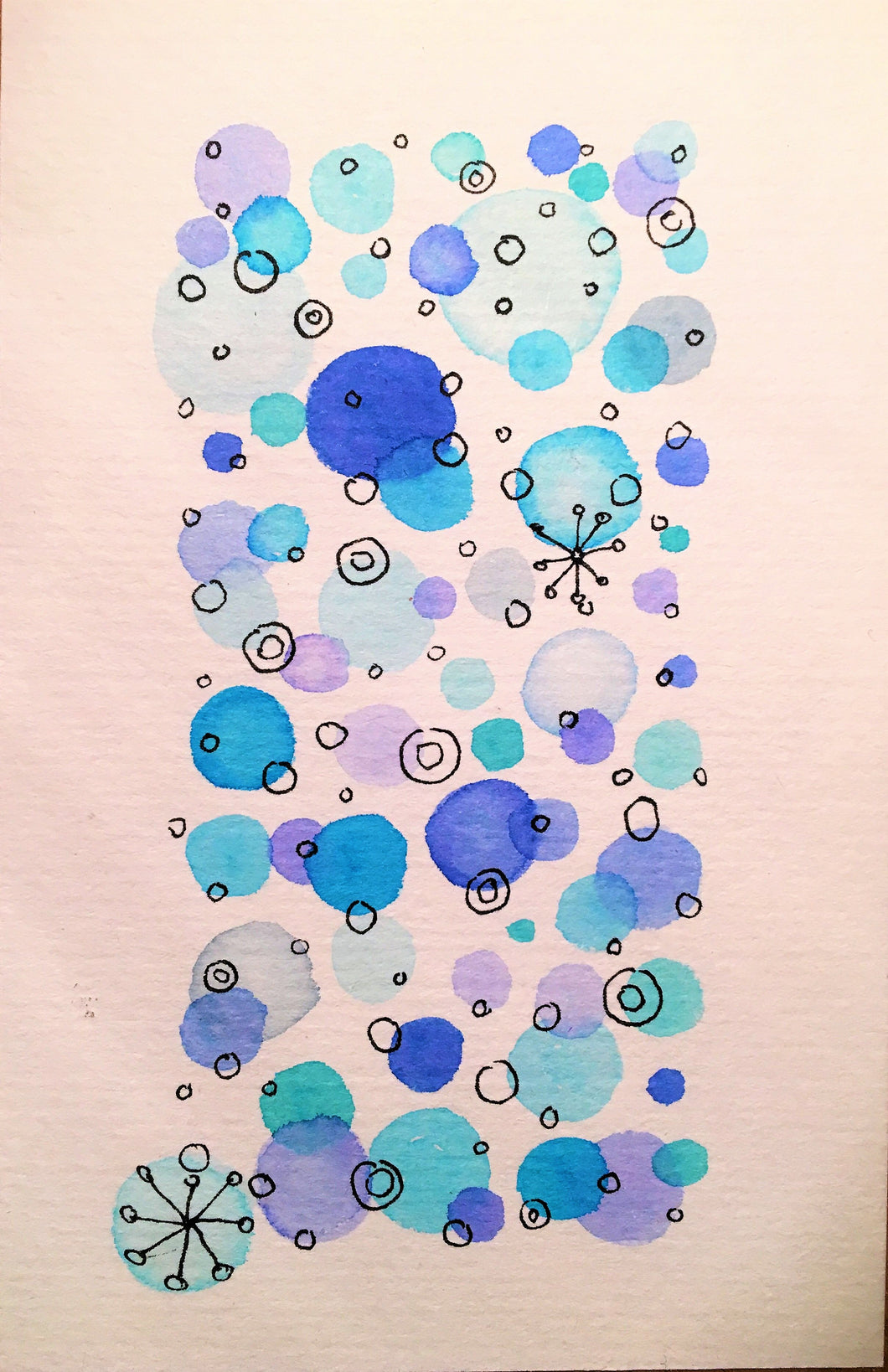 Handpainted Watercolour Greeting Card - Abstract Blue/Turquoise and Ink Circle Design - eDgE dEsiGn London