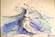 Handpainted Watercolour Greeting Card - Abstract Blue/Turquoise and Ink Waves - eDgE dEsiGn London