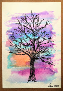 Handpainted Watercolour Greeting Card - Abstract Tree at Sunset 1 - eDgE dEsiGn London