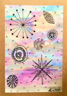 Handpainted Watercolour Greeting Card - Abstract Ink Star/Circle Design - Pink/Turquoise/Blue/Orange - eDgE dEsiGn London