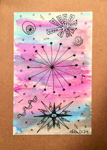 Handpainted Watercolour Greeting Card - Abstract Ink Star/Circle Design - Pink/Turquiose/Blue/Purple - eDgE dEsiGn London