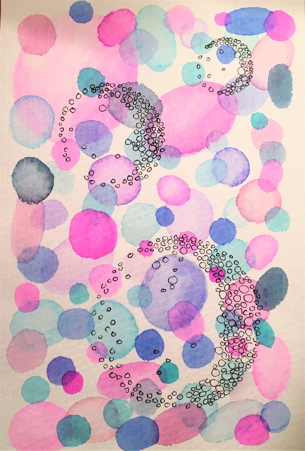 Handpainted Watercolour Greeting Card - Abstract Pink/Blue/Purple Circle with Ink Bubble Design - eDgE dEsiGn London