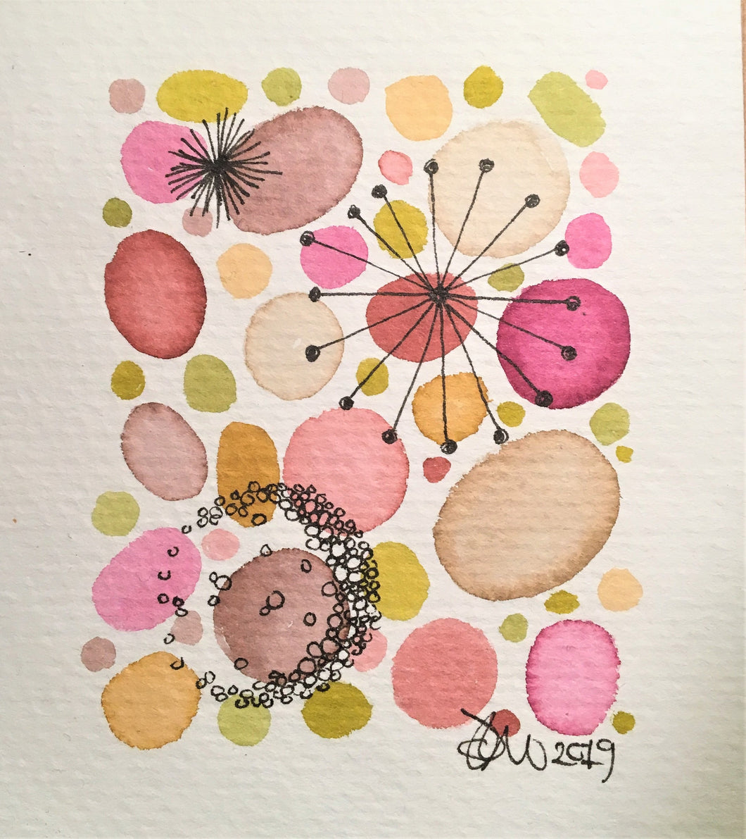 Handpainted Watercolour Greeting Card - Abstract Retro Circle and Star Design - eDgE dEsiGn London