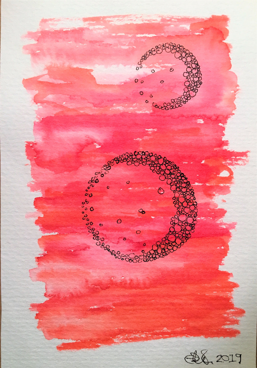 Handpainted Watercolour Greeting Card - Abstract Red/Pink background with Ink Circle/Bubble Design - eDgE dEsiGn London