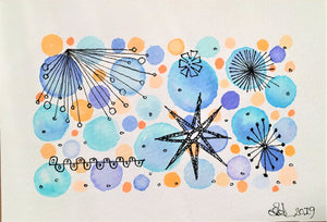 Handpainted Watercolour Greeting Card - Abstract Retro Design Star and Circle - eDgE dEsiGn London