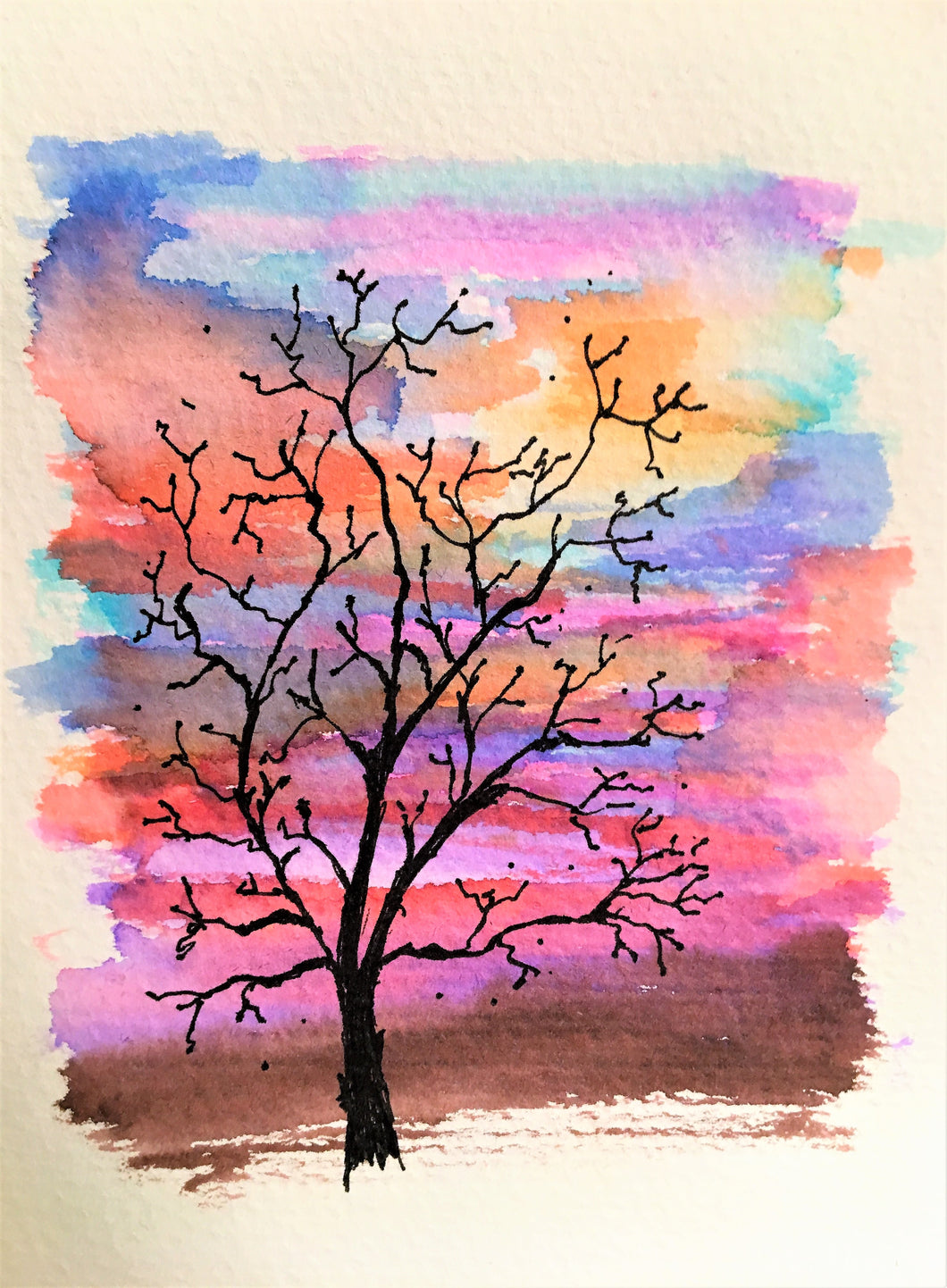Handpainted Watercolour Greeting Card - Winter Tree at Sunset Watercolour - eDgE dEsiGn London
